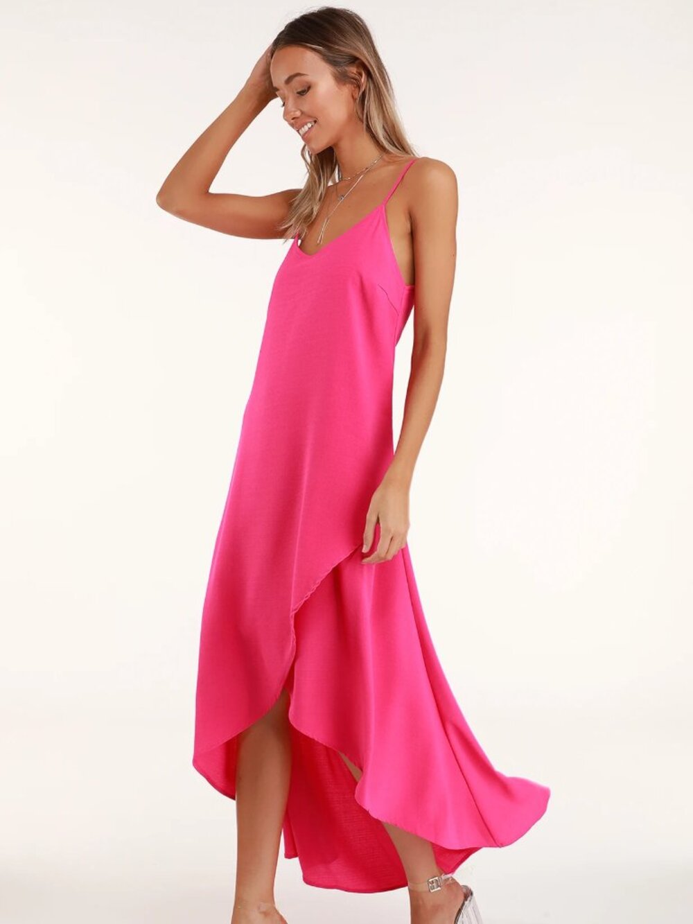 Lulus Sweet Surprise Bright Pink High Low Maxi Dress Size S